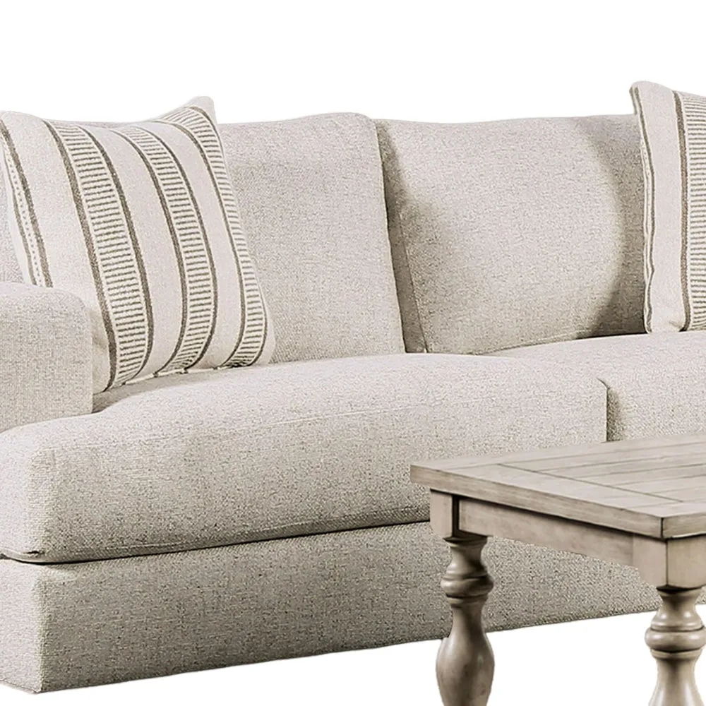 Flin Sofa with 2 Striped Accent Pillow, 86 Inch, Soft Beige Chenille By Casagear Home
