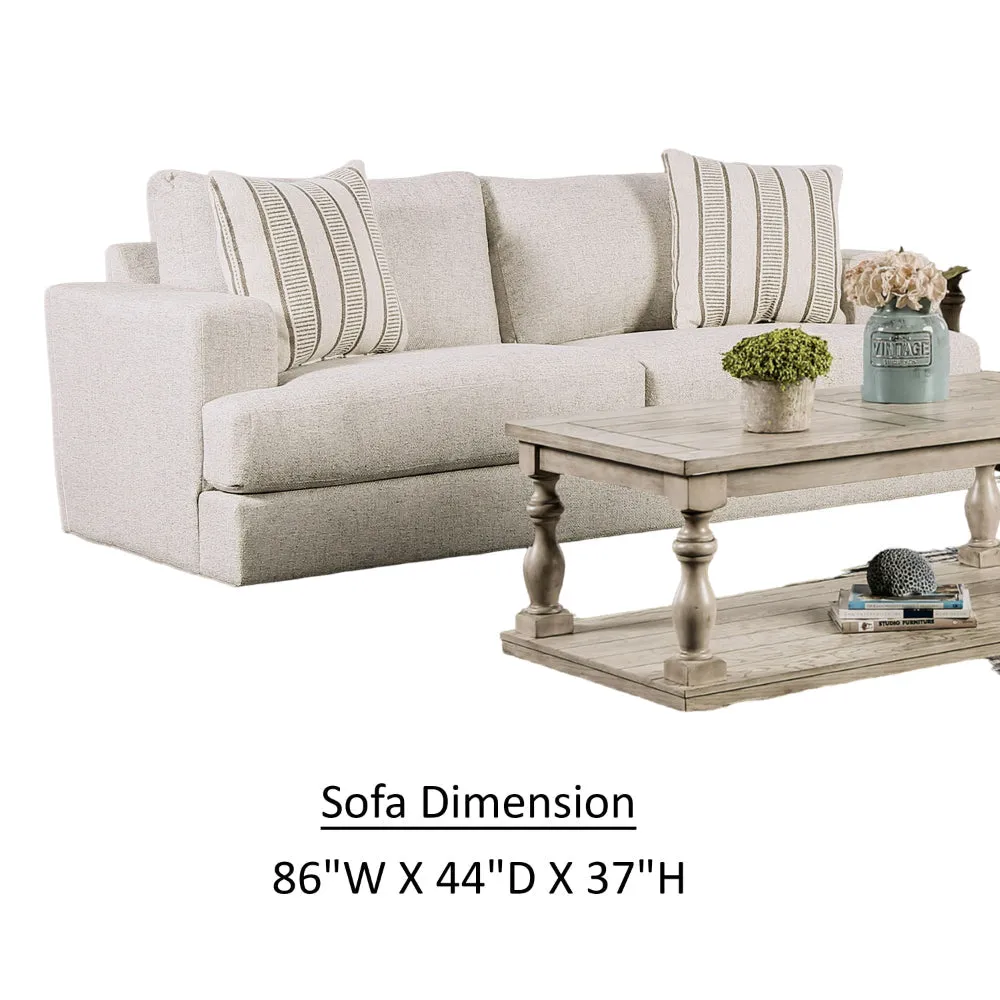 Flin Sofa with 2 Striped Accent Pillow, 86 Inch, Soft Beige Chenille By Casagear Home
