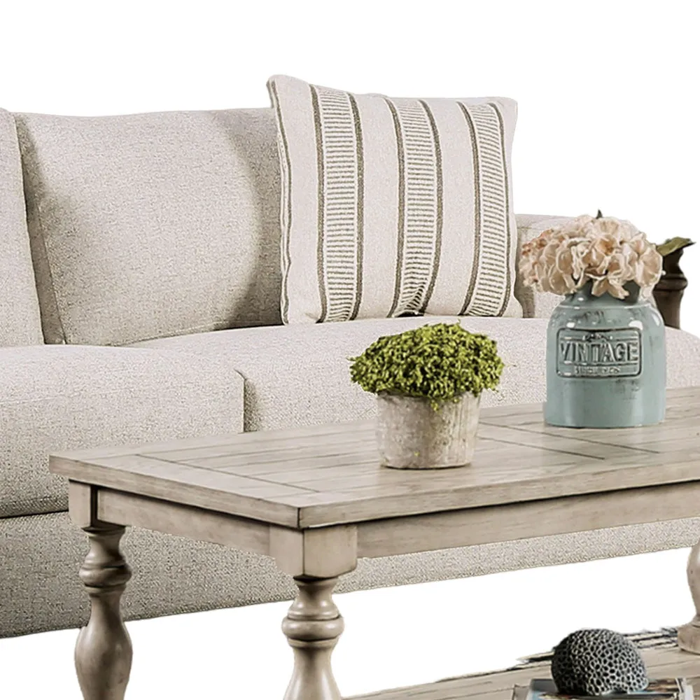 Flin Sofa with 2 Striped Accent Pillow, 86 Inch, Soft Beige Chenille By Casagear Home