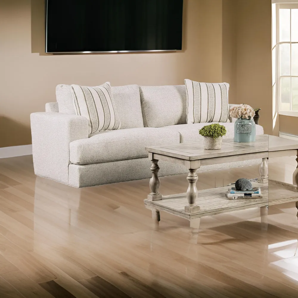 Flin Sofa with 2 Striped Accent Pillow, 86 Inch, Soft Beige Chenille By Casagear Home