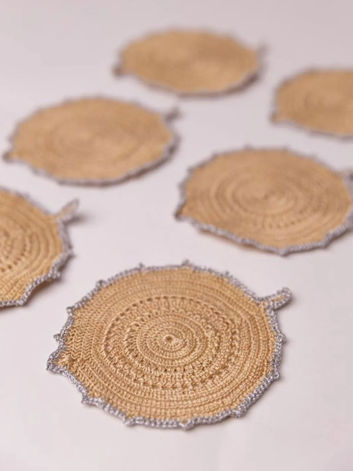 Handmade Crochet Ziba Round Coasters Silver Beige
