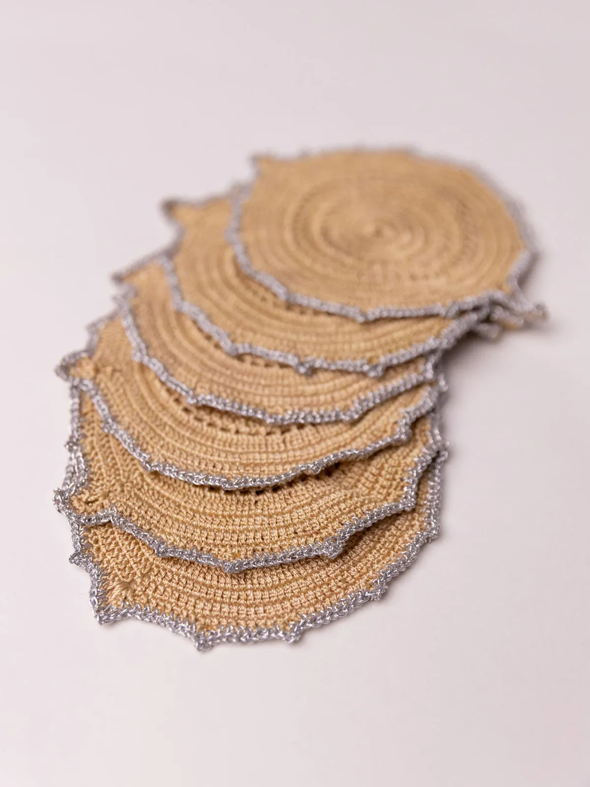 Handmade Crochet Ziba Round Coasters Silver Beige