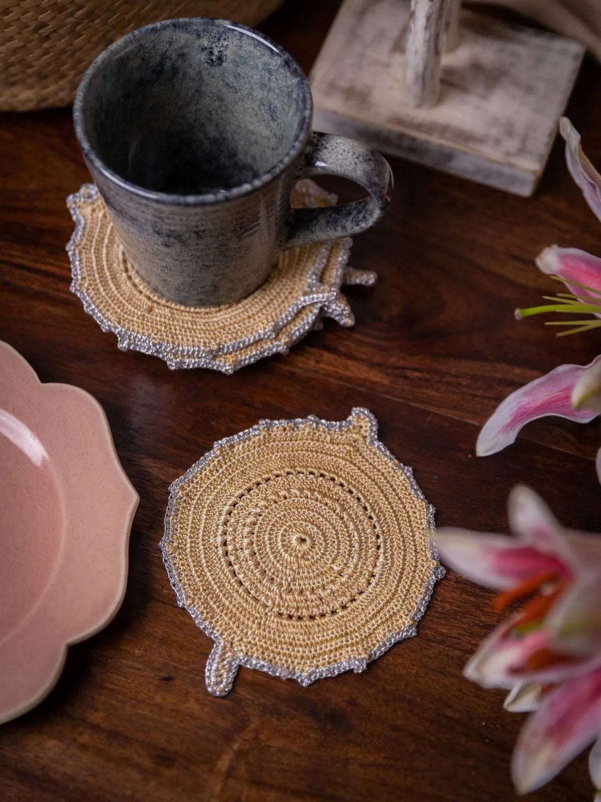 Handmade Crochet Ziba Round Coasters Silver Beige