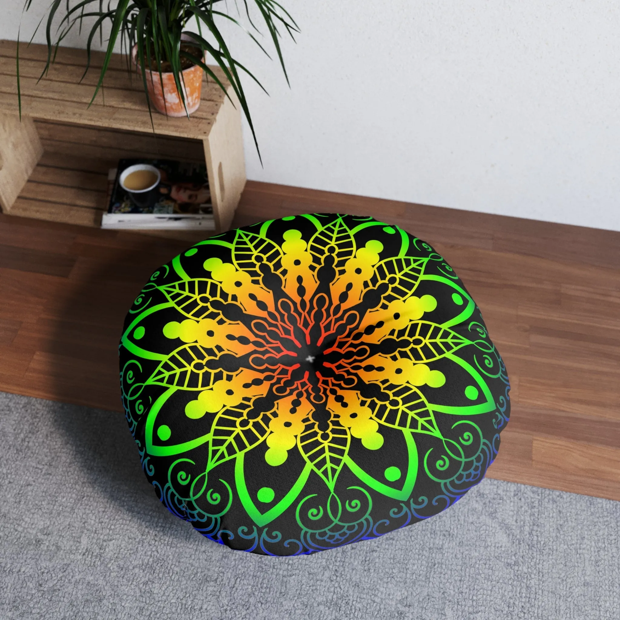 Handmade Mandala Art Tufted Floor Pillow - Rainbow Design