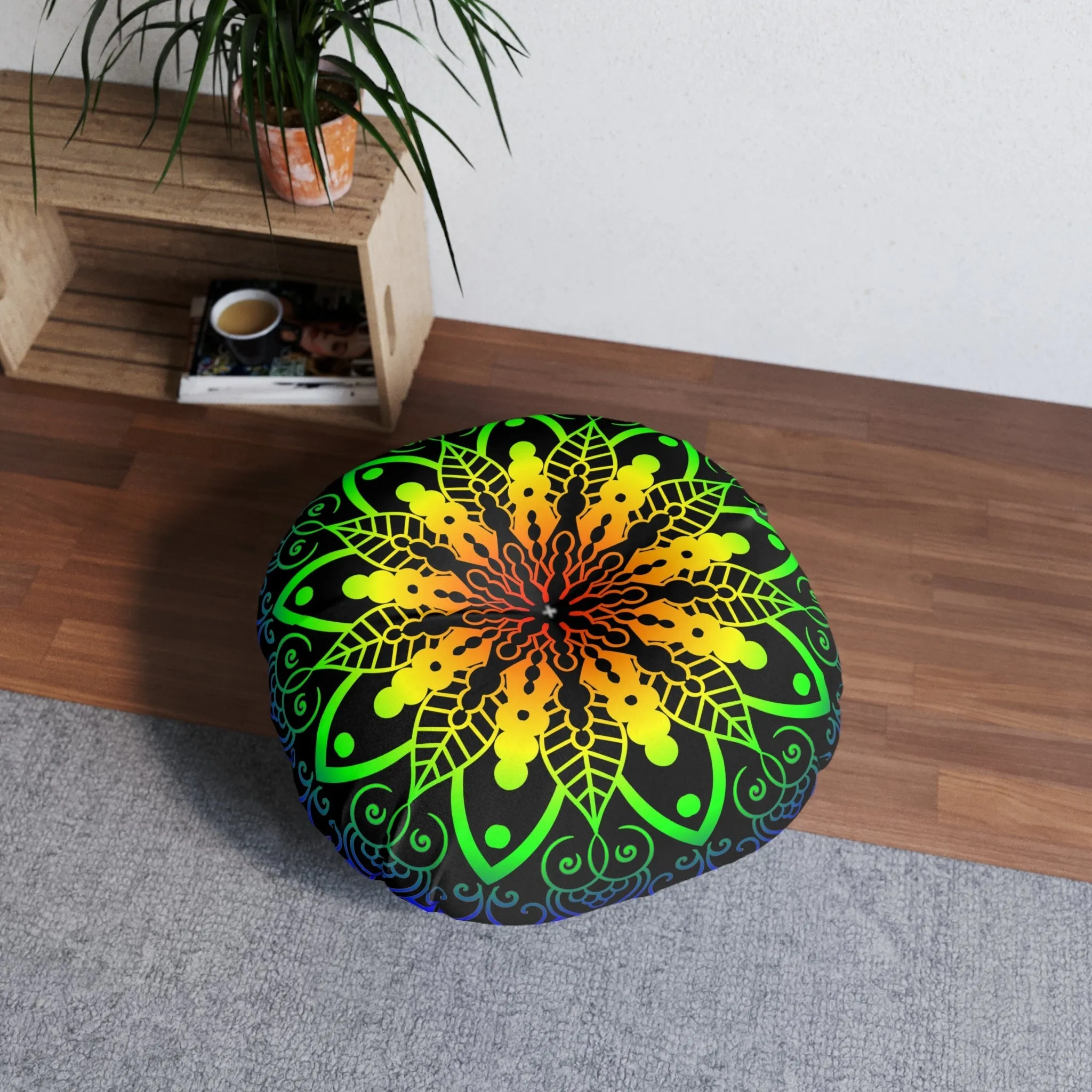 Handmade Mandala Art Tufted Floor Pillow - Rainbow Design
