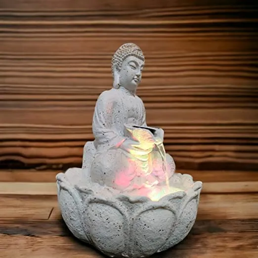 Hanu Creations Lotus Buddha Water Fountain with Led Lights for Home Office Décor Decorative Showpiece (White)