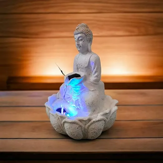 Hanu Creations Lotus Buddha Water Fountain with Led Lights for Home Office Décor Decorative Showpiece (White)