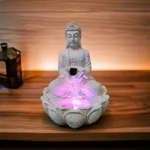 Hanu Creations Lotus Buddha Water Fountain with Led Lights for Home Office Décor Decorative Showpiece (White)