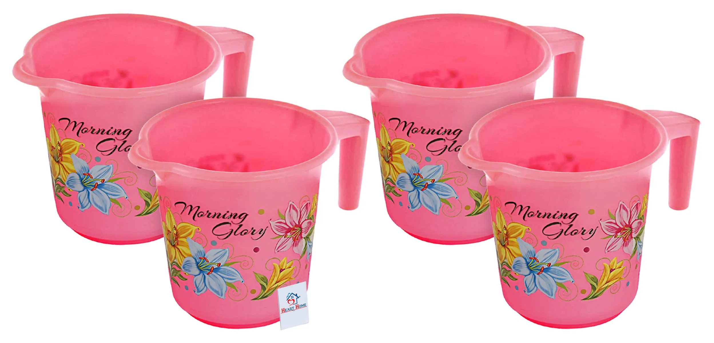 Heart Home Floral Print 4 Pieces Unbreakable Strong Plastic Bathroom Mug, 500 ML (Pink)-HEART10269