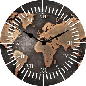 KARTIK Wall Clock World Map Printed Designer Round Wooden Wall Clock Without Glass for Your Home/Living Room/Bedroom/Kitchen and Office (Multicolor, 11X11 inches)