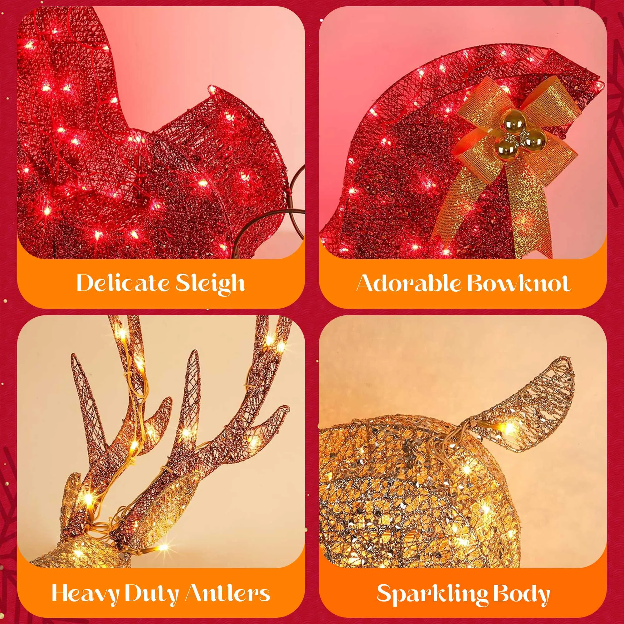 Lighted Christmas Reindeer & Sleigh Outdoor Decor Set with LED Christmas Lights – Perfect for Festive Yard Displays, Holiday Outdoor Christmas Lights, and Illuminated Winter Wonderland Scenes.