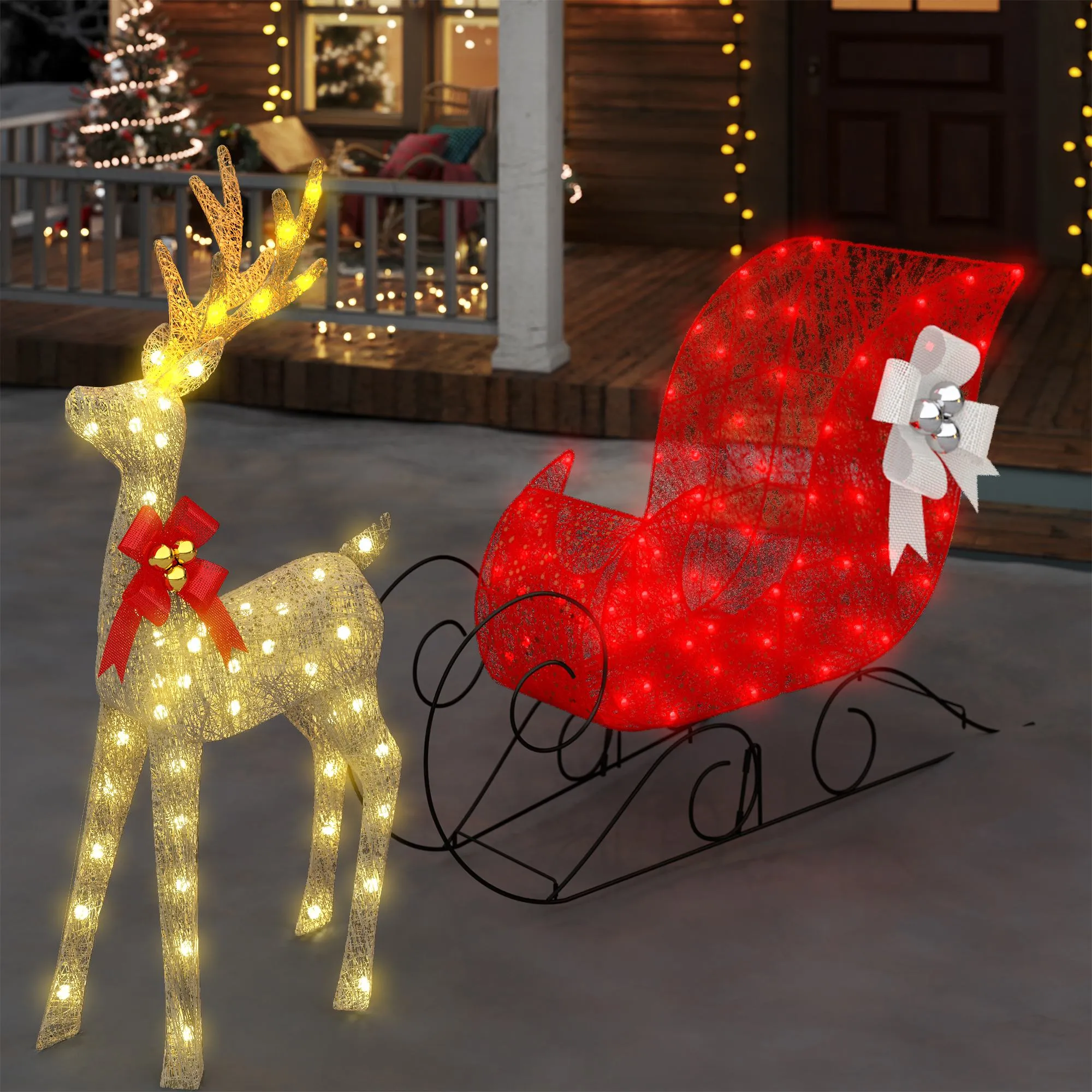 Lighted Christmas Reindeer & Sleigh Outdoor Decor Set with LED Christmas Lights – Perfect for Festive Yard Displays, Holiday Outdoor Christmas Lights, and Illuminated Winter Wonderland Scenes.