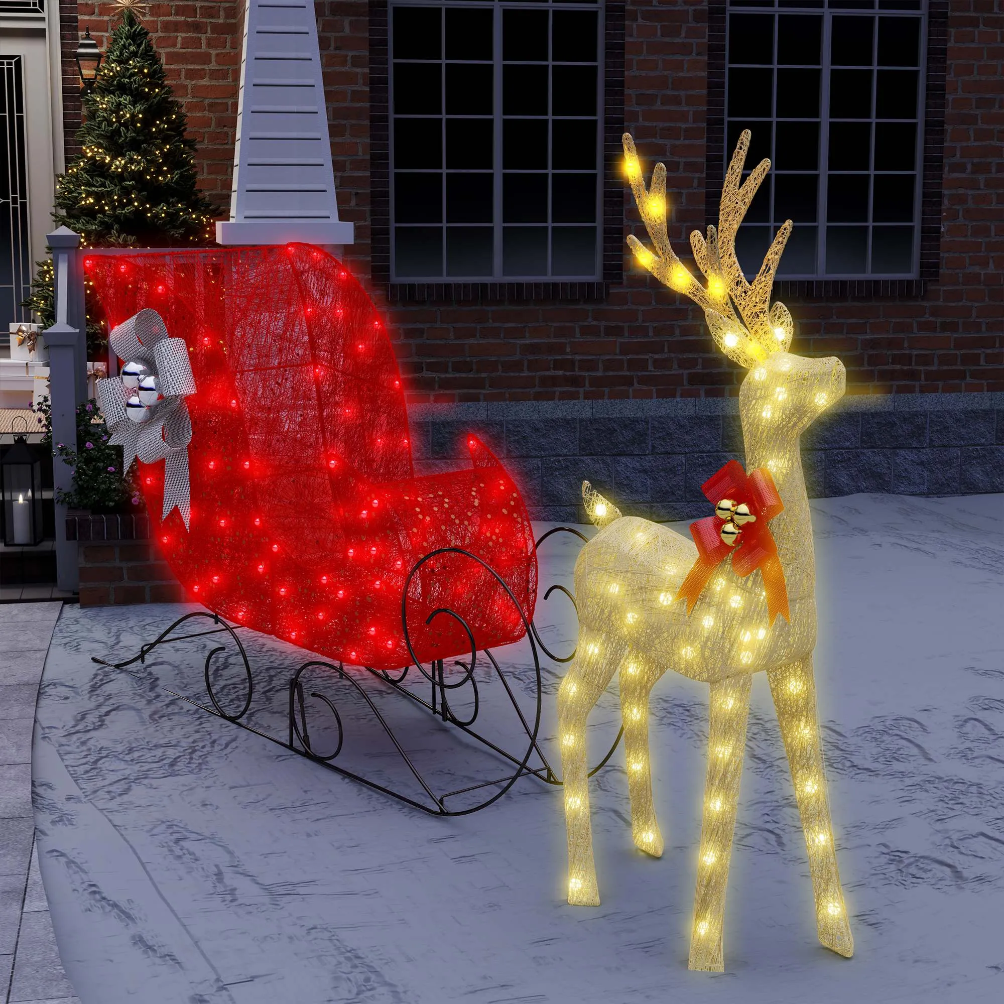Lighted Christmas Reindeer & Sleigh Outdoor Decor Set with LED Christmas Lights – Perfect for Festive Yard Displays, Holiday Outdoor Christmas Lights, and Illuminated Winter Wonderland Scenes.
