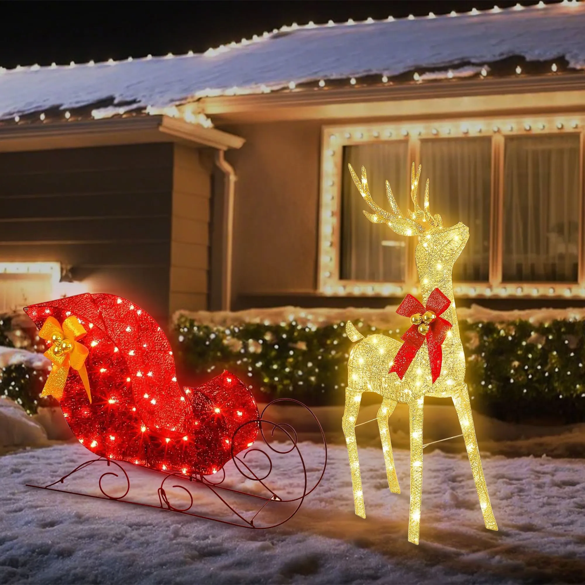 Lighted Christmas Reindeer & Sleigh Outdoor Decor Set with LED Christmas Lights – Perfect for Festive Yard Displays, Holiday Outdoor Christmas Lights, and Illuminated Winter Wonderland Scenes.