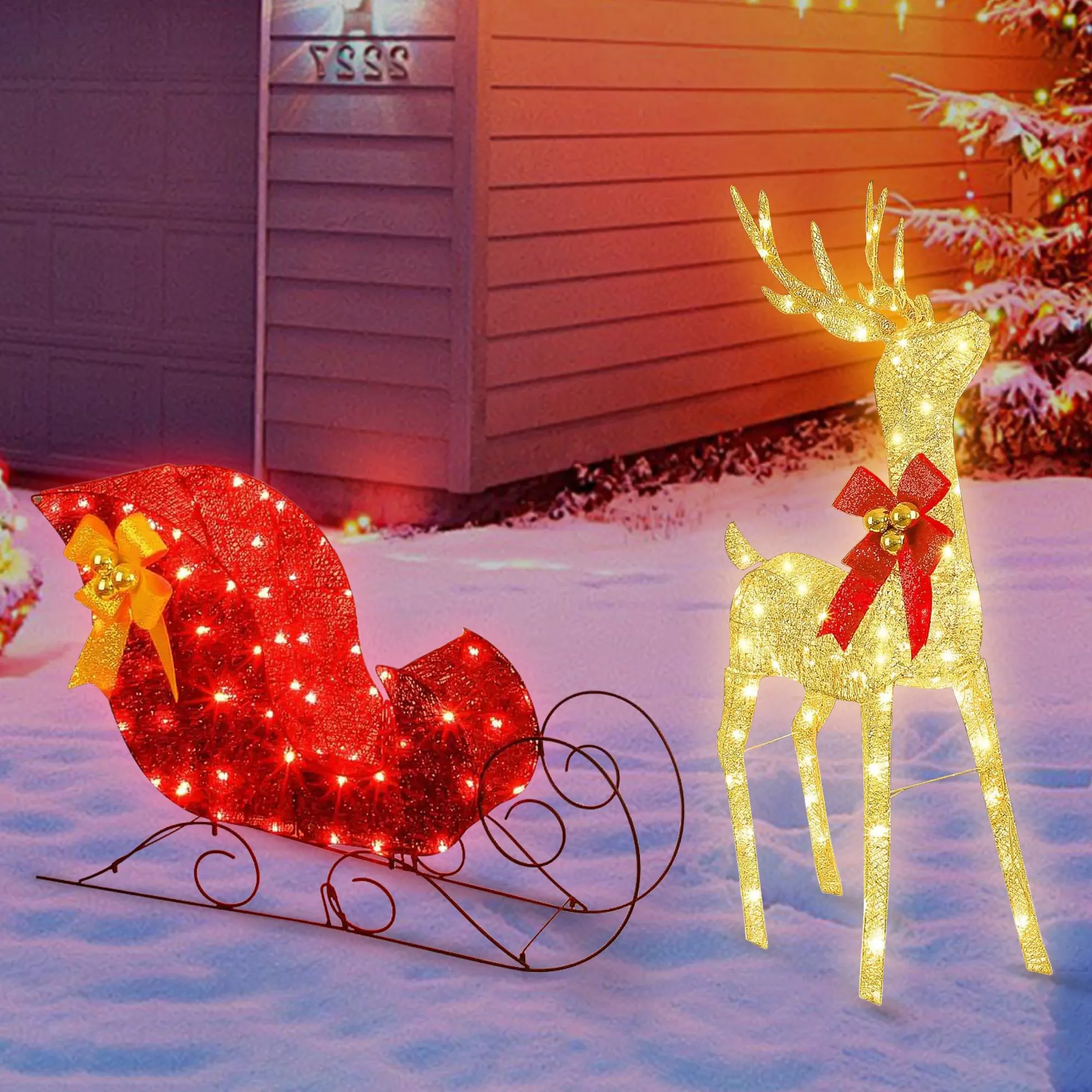 Lighted Christmas Reindeer & Sleigh Outdoor Decor Set with LED Christmas Lights – Perfect for Festive Yard Displays, Holiday Outdoor Christmas Lights, and Illuminated Winter Wonderland Scenes.