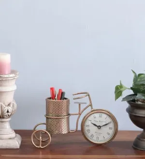 LOH Collectibles ™ Metal Art Décor, Golden Tri-Cycle Clock - A Metal Table Décor Article, Unique Gifts for Office Decoration or Study Table Decor Items Desk Clock, Table Clock Time Piece for Home Decor