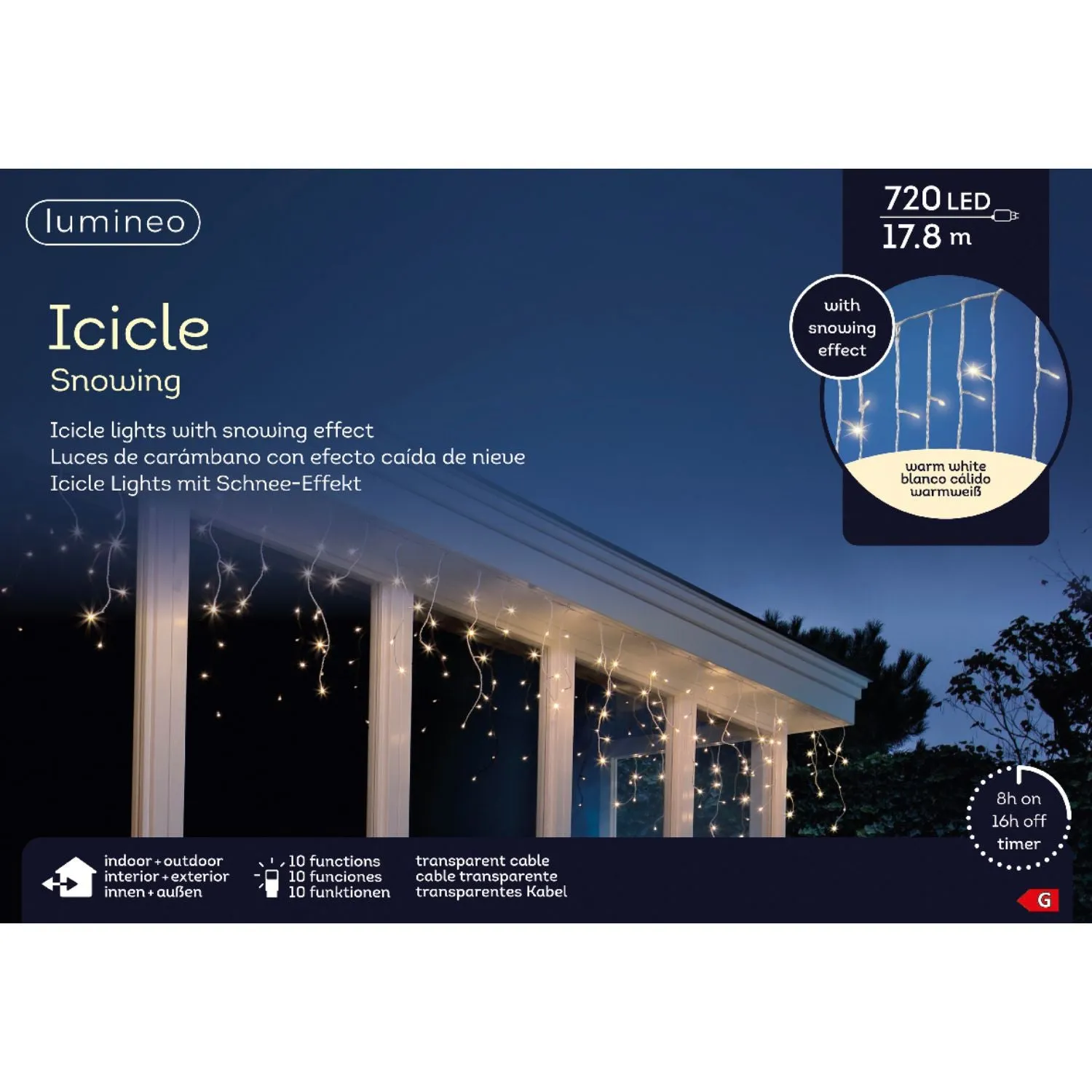 Lumineo 720 LED Snowing Effect Warm White Outdoor Icicle Lights (17.8m)