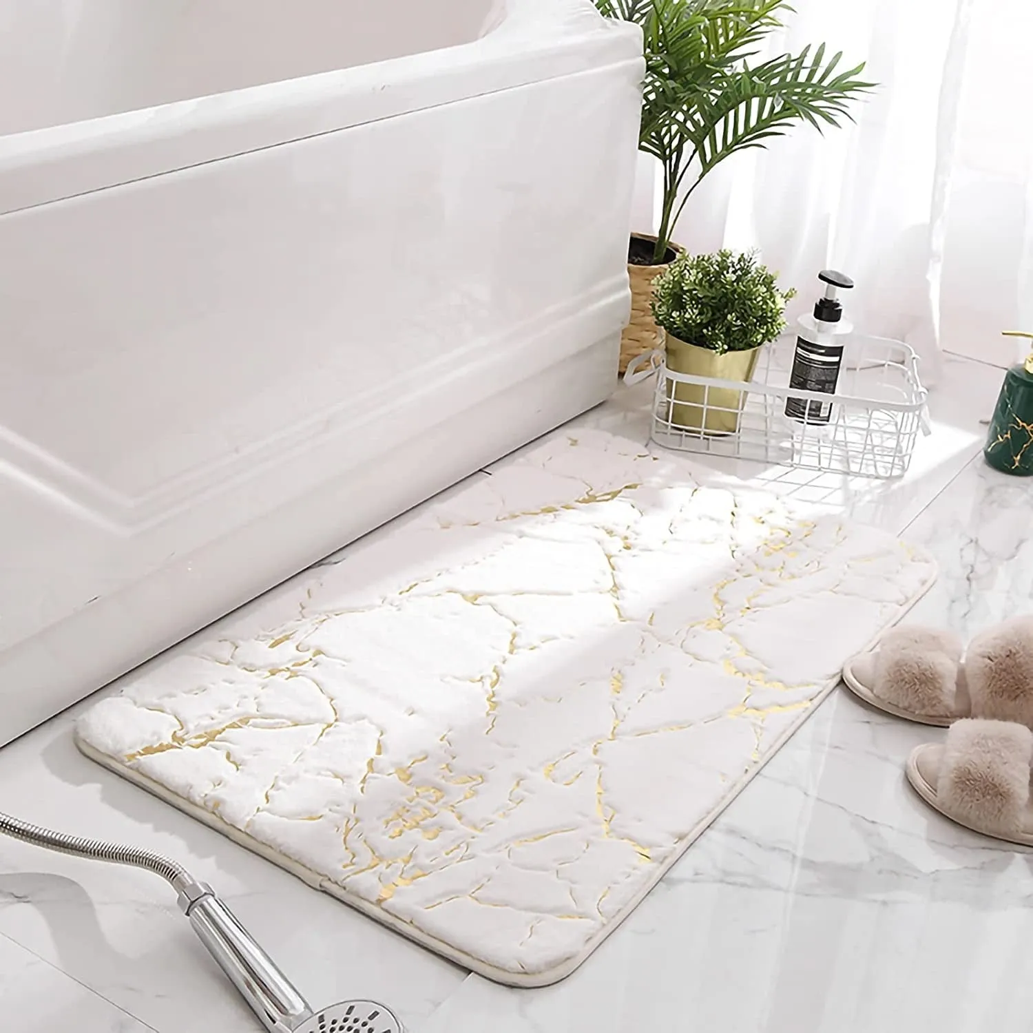 Luxury White and Gold Bath Mats for Bathroom