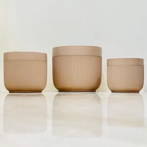 Matte Beige Minimalist Planter Set Of 3 – Vertical Ridges