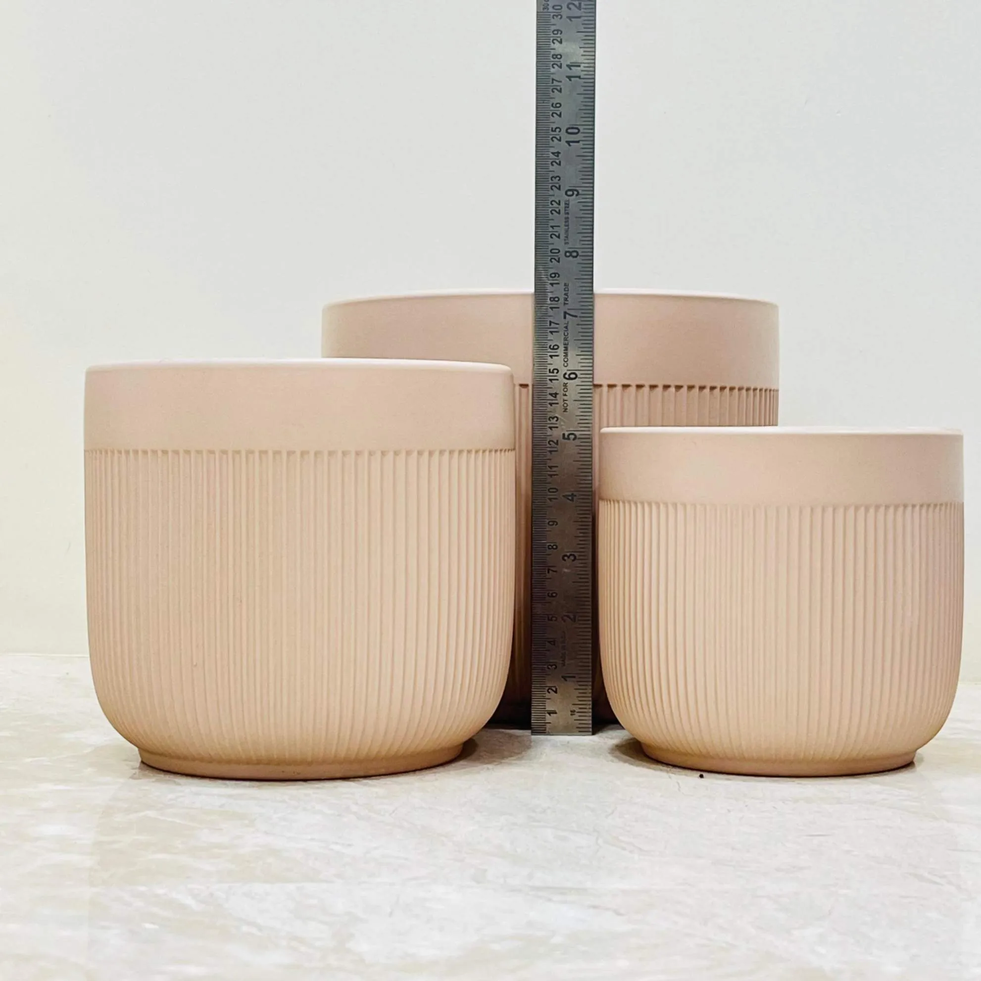 Matte Beige Minimalist Planter Set Of 3 – Vertical Ridges