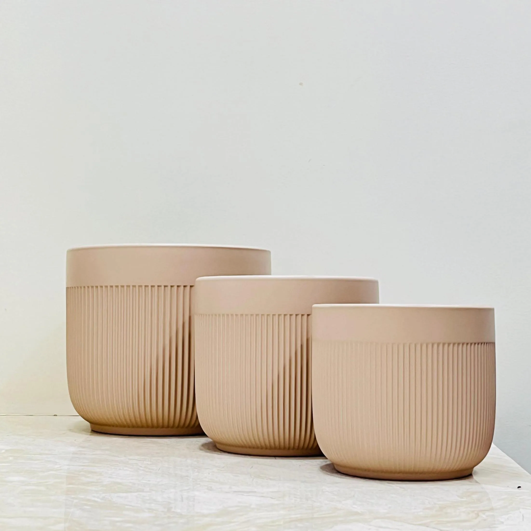 Matte Beige Minimalist Planter Set Of 3 – Vertical Ridges