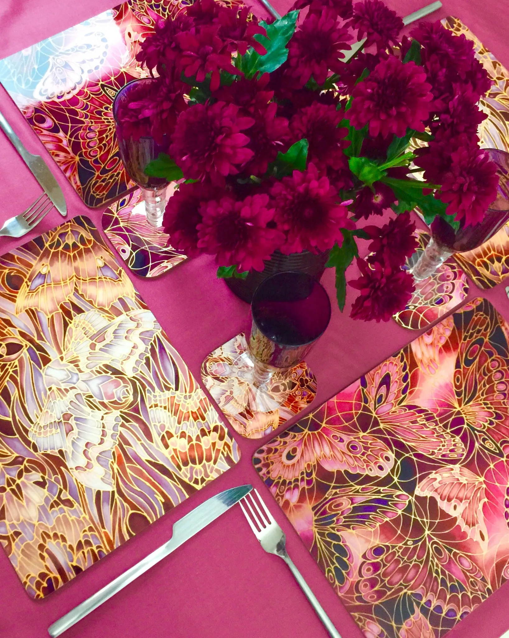 Moths Placemats & Coasters - Chocolate Lilac Grey Table Mats - glass chopping boards