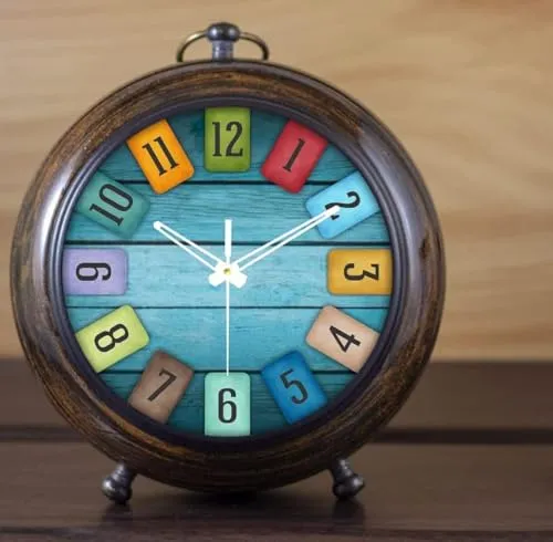 Multicolour Analog Table Clock with Wooden Frame, 15 cm Diameter Without Any Battery or Sell.