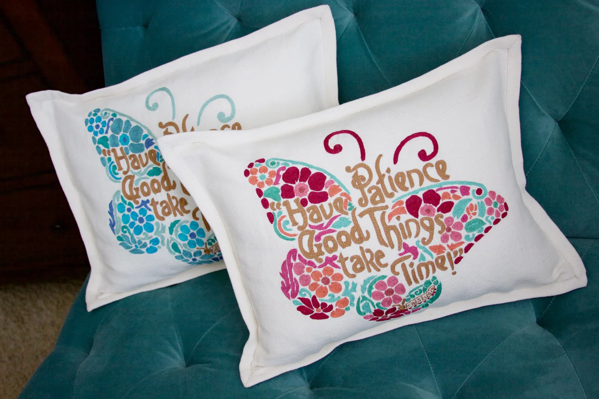PATIENCE BUTTERFLY LOVE LETTERS PILLOW BY CATSTUDIO