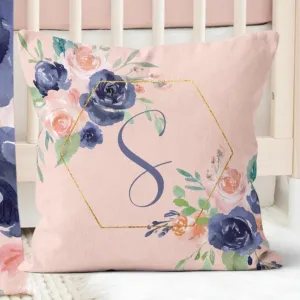 Peach & Navy Floral Personalized Nursery Pillow