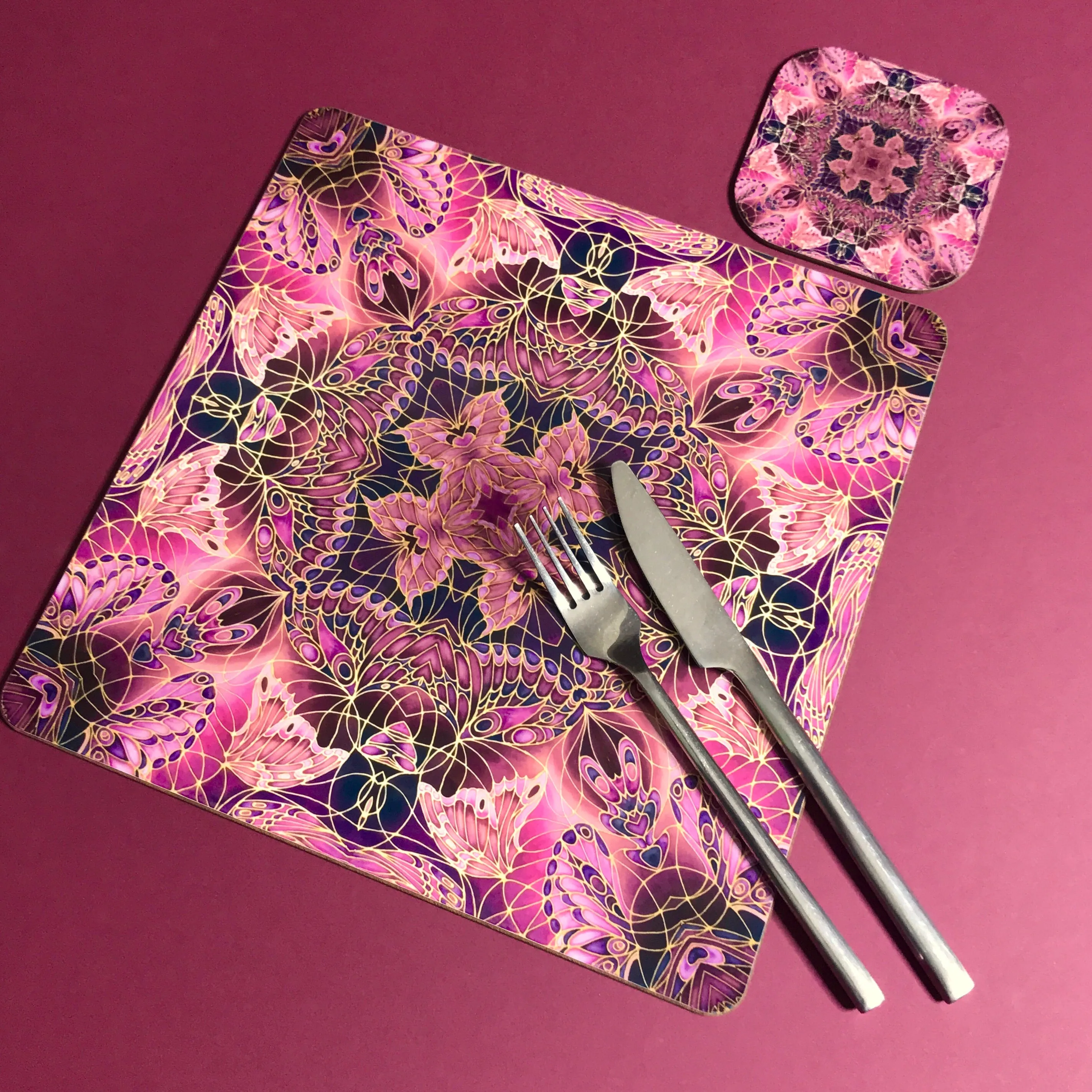 Plum Butterfly Kaleidoscope Square Table Mats & Coasters - Table Mats