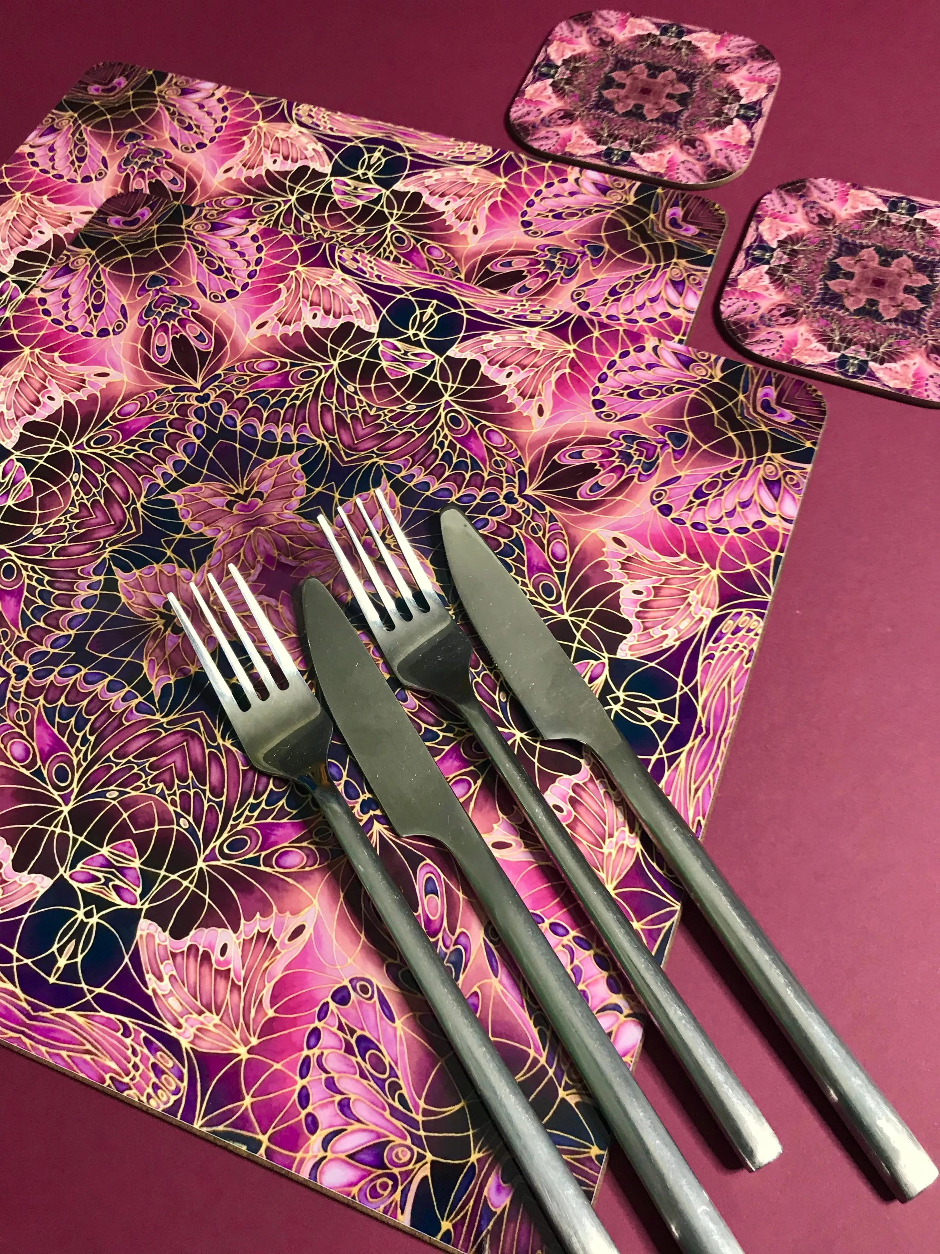 Plum Butterfly Kaleidoscope Square Table Mats & Coasters - Table Mats