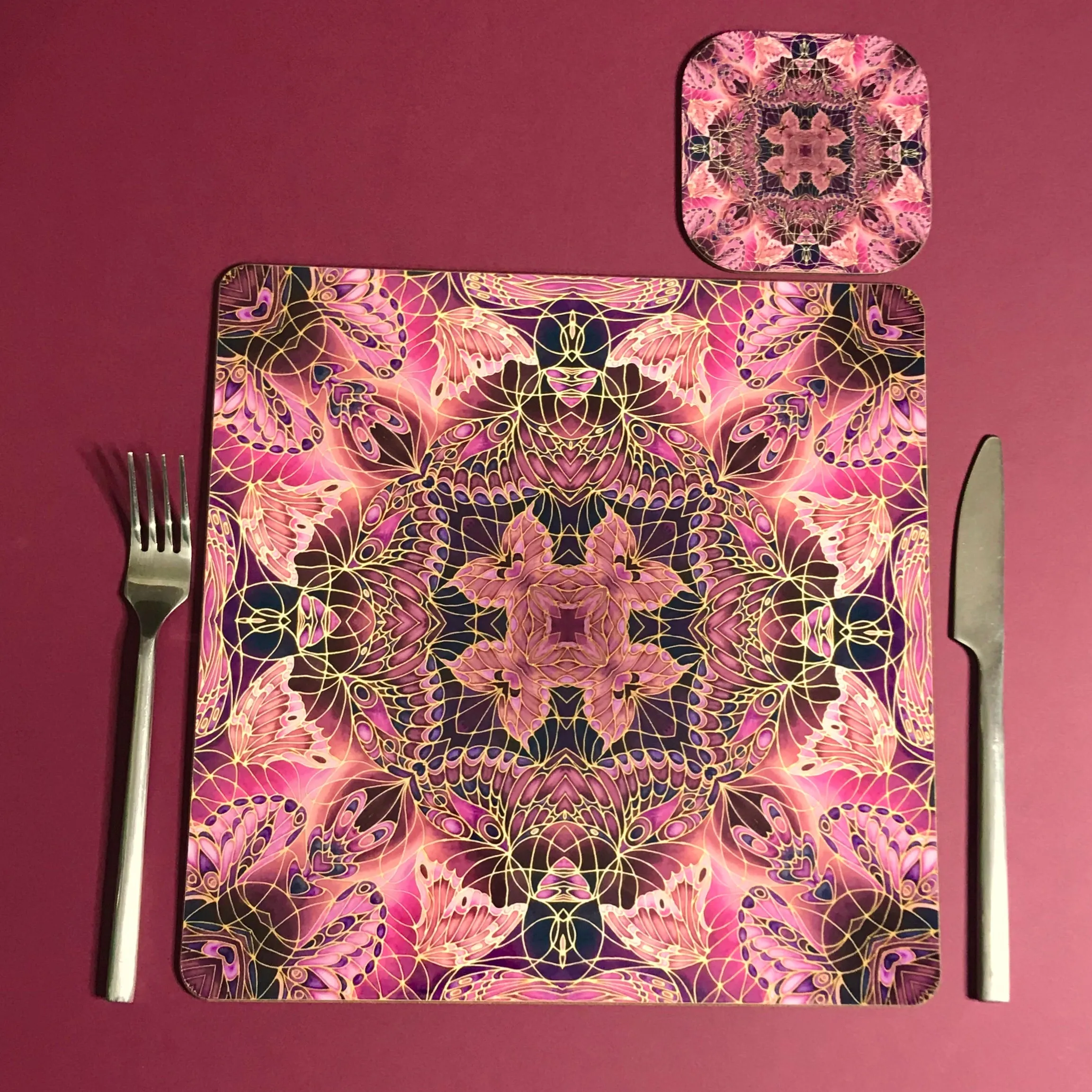 Plum Butterfly Kaleidoscope Square Table Mats & Coasters - Table Mats
