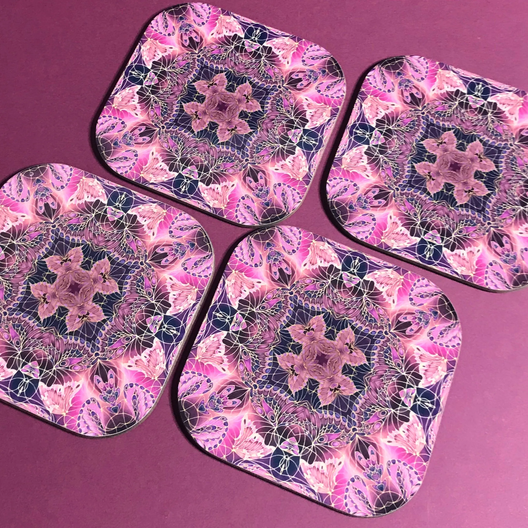 Plum Butterfly Kaleidoscope Square Table Mats & Coasters - Table Mats