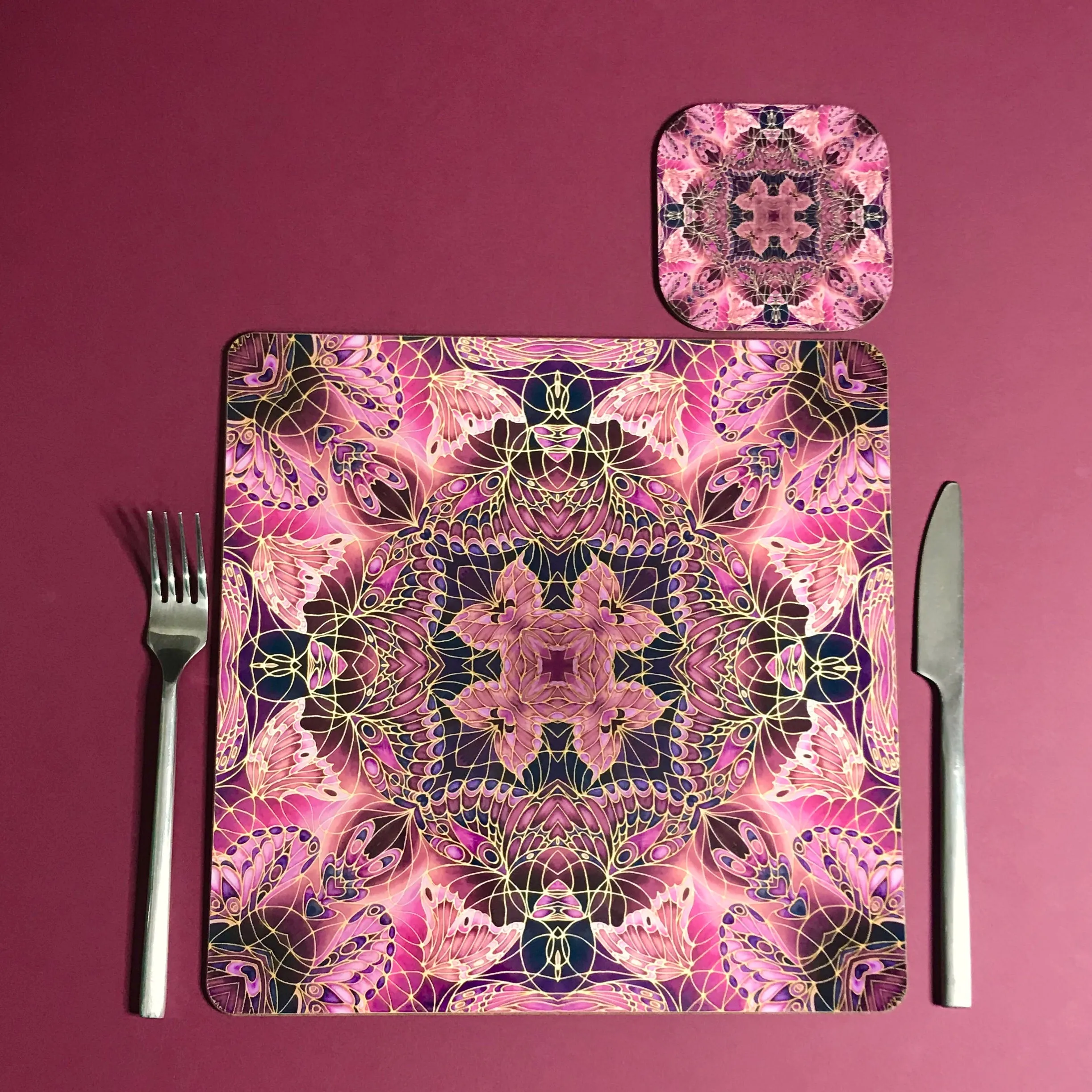Plum Butterfly Kaleidoscope Square Table Mats & Coasters - Table Mats