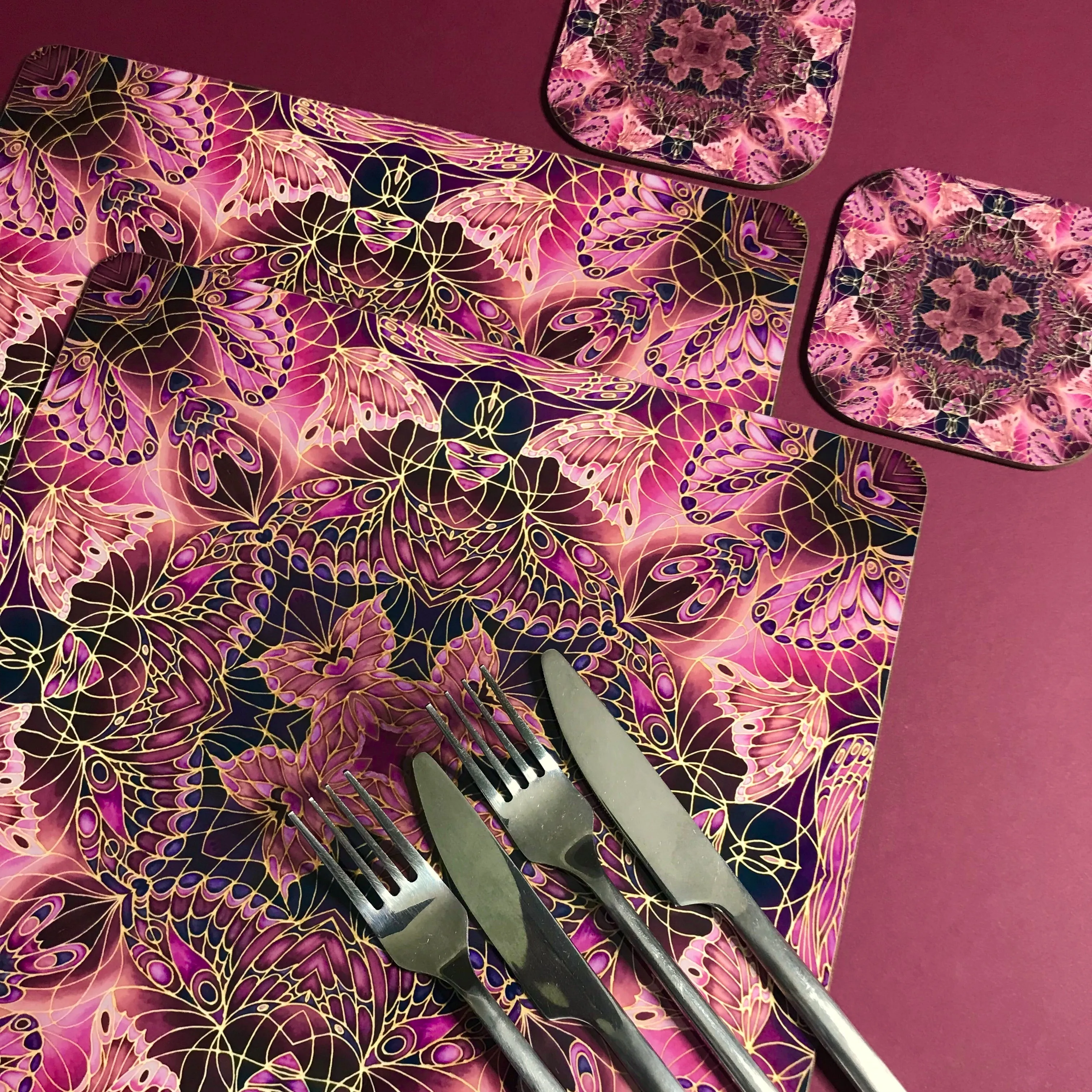 Plum Butterfly Kaleidoscope Square Table Mats & Coasters - Table Mats