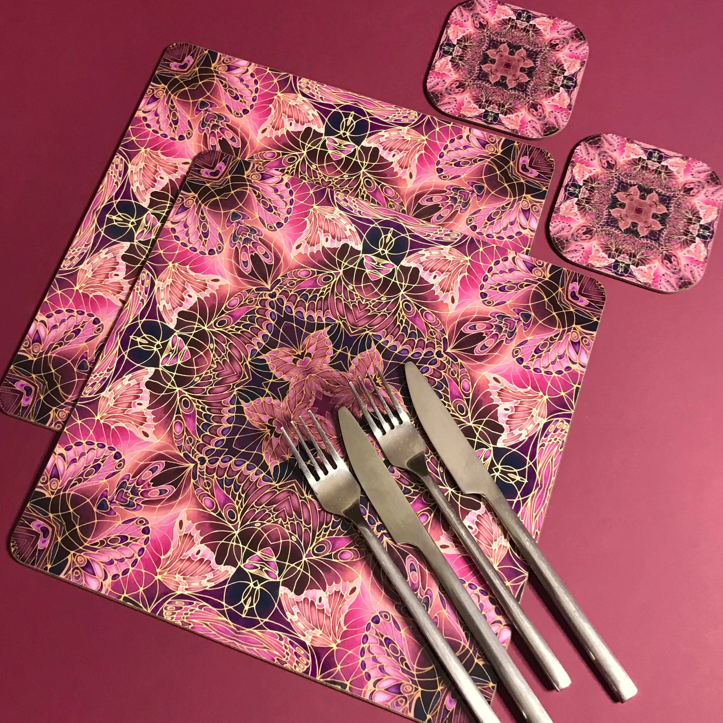 Plum Butterfly Kaleidoscope Square Table Mats & Coasters - Table Mats