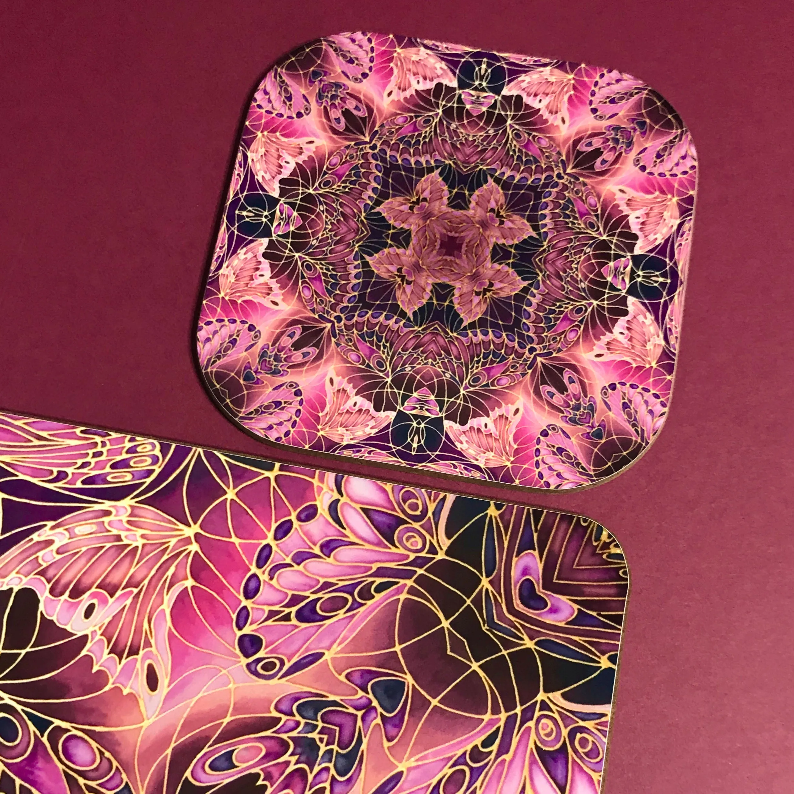 Plum Butterfly Kaleidoscope Square Table Mats & Coasters - Table Mats