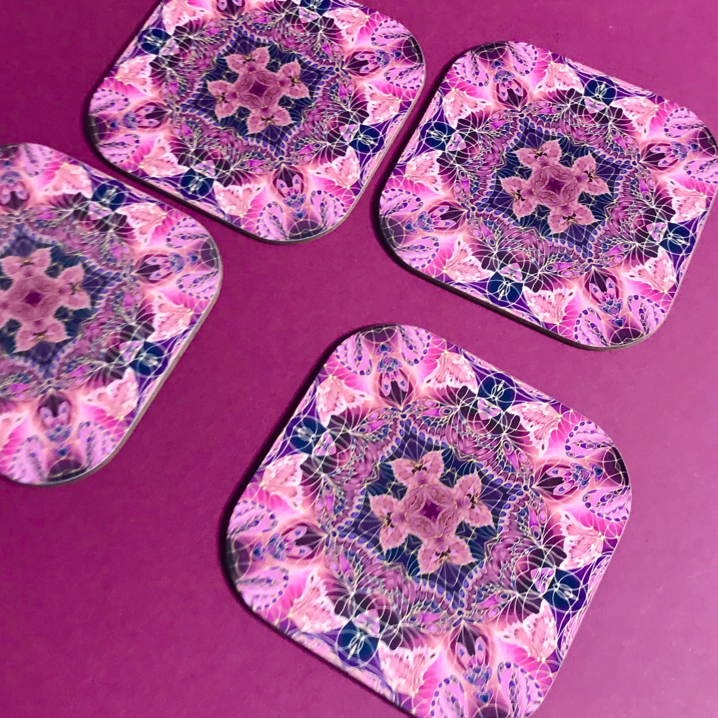 Plum Butterfly Kaleidoscope Square Table Mats & Coasters - Table Mats
