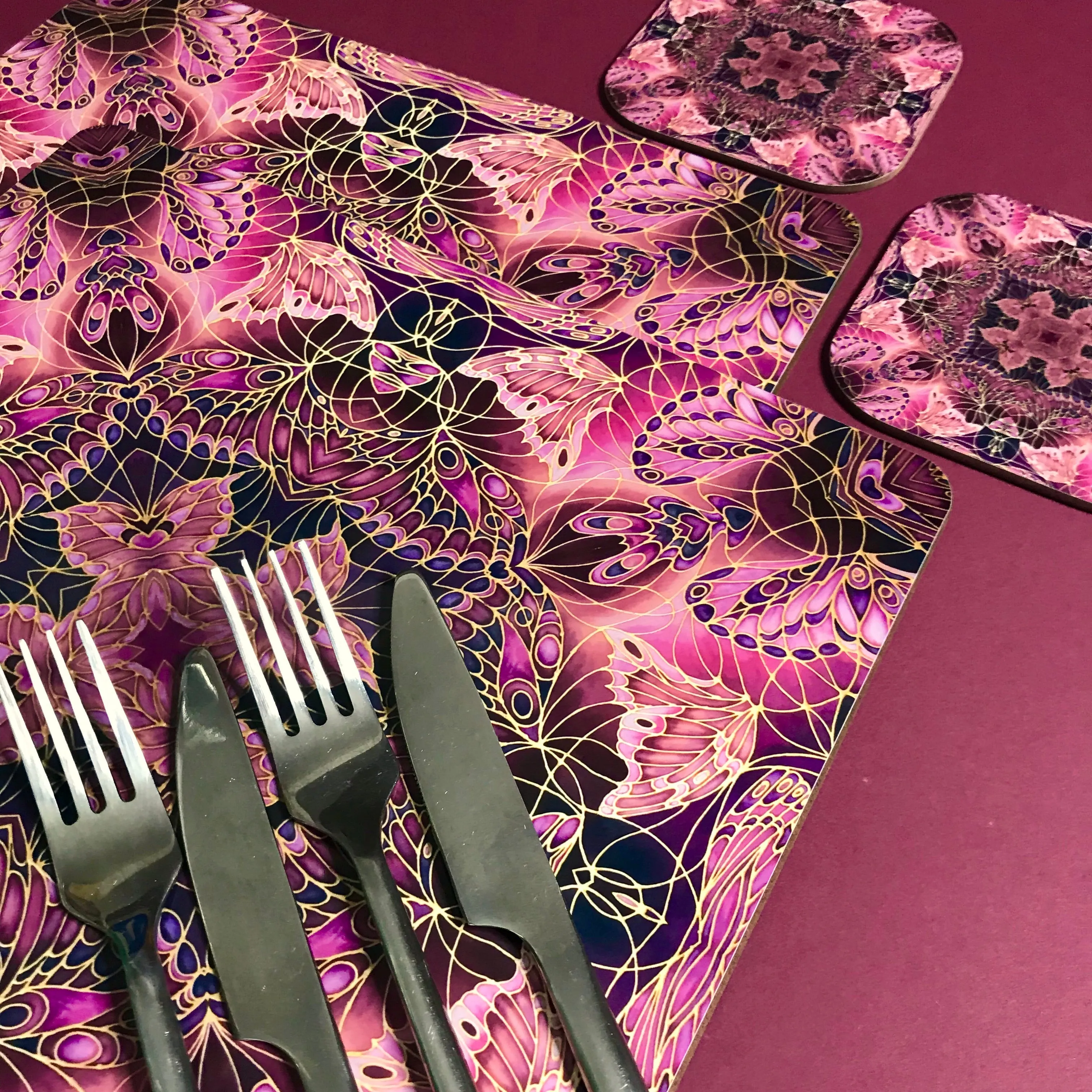 Plum Butterfly Kaleidoscope Square Table Mats & Coasters - Table Mats