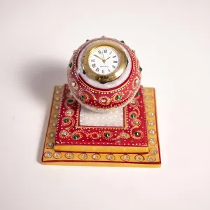 Rawartifact- Earth to Art Handcrafted Ethnic Design Beautiful Decorative Golden Meenakari Marble Plate Shape Table Clock | Ideal for Home Decor & Office | Best for Gifting (Multicolor)