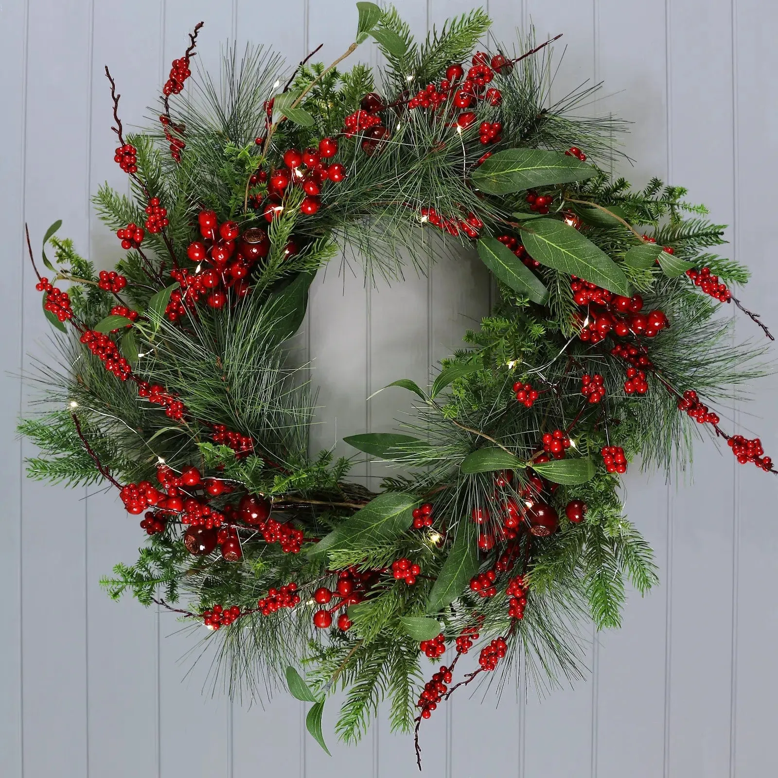 Red Berries Light Up Christmas Wreath Mixed Foliage 60cm