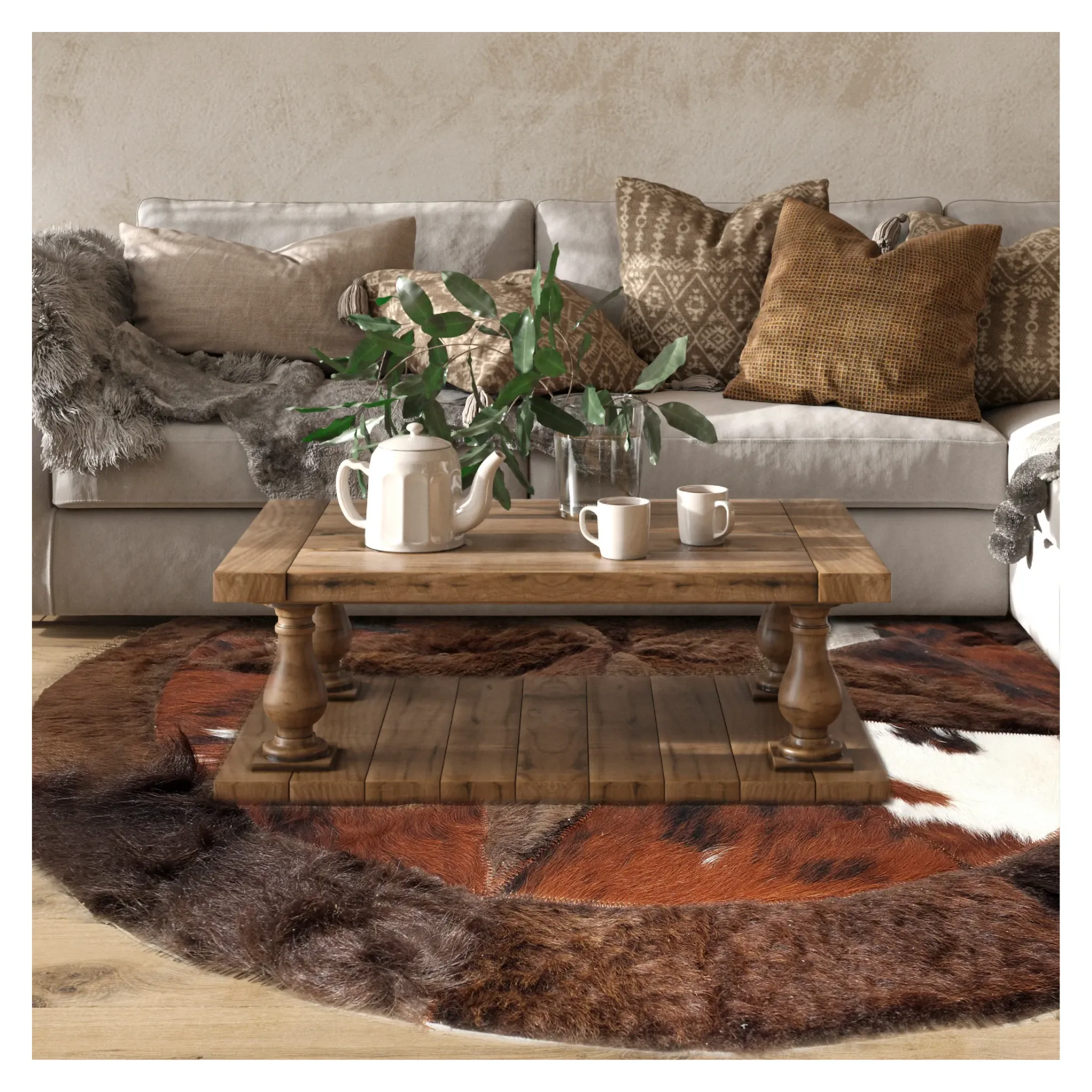 Round Western Rug - Cowhide Star & Edge, Bison Fill 42"
