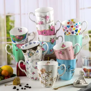Royal English Pastoral Bone China Coffee Cups - Large Capacity