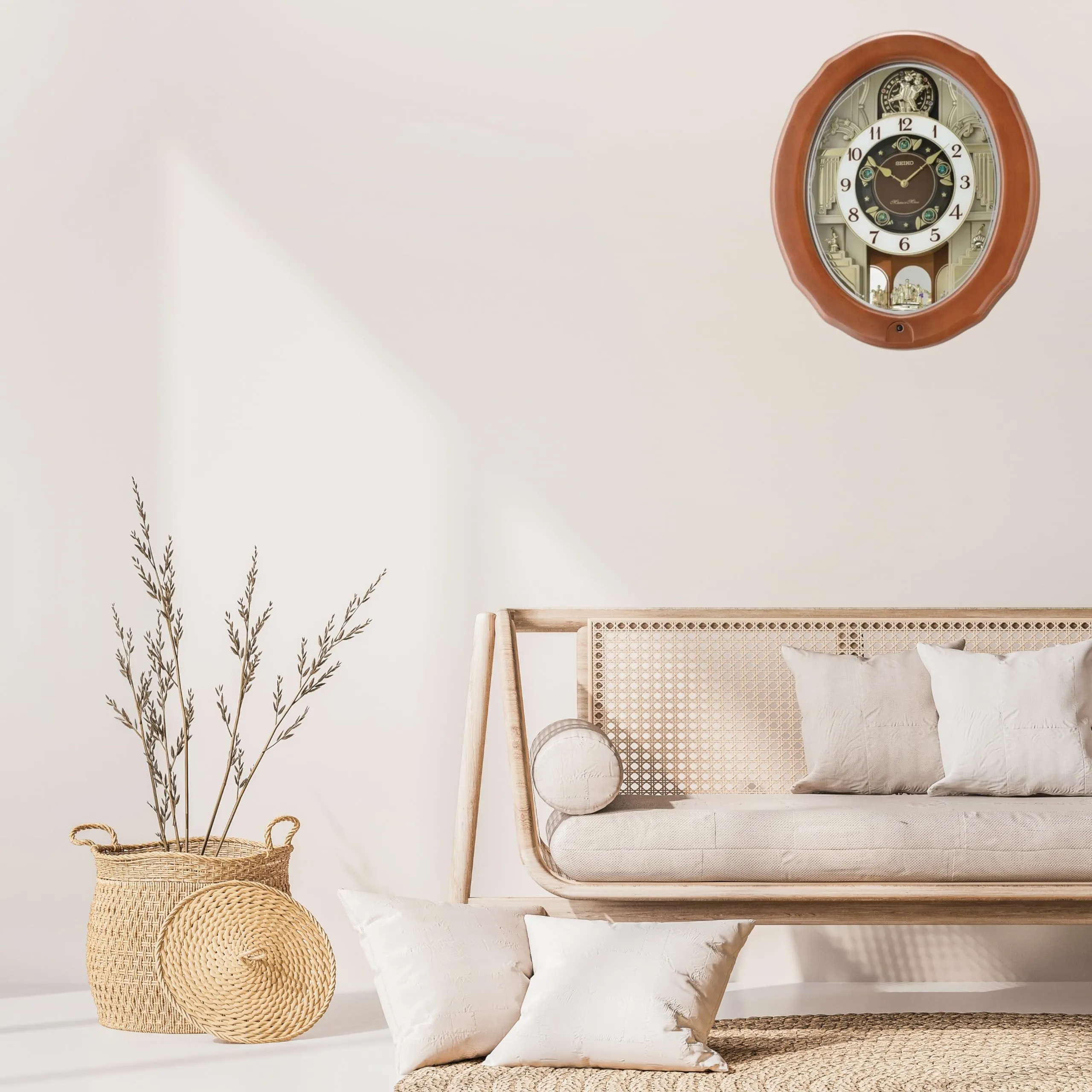 SEIKO Elegant Brown Oval Wooden Hourly Chime 30 Melody in Motion Home Decor Wall Clock with One Way Rotating Pendulum (Size: 40.8 x 11 x 48.4 CM | Weight: 2940 Gram) QXM604BT