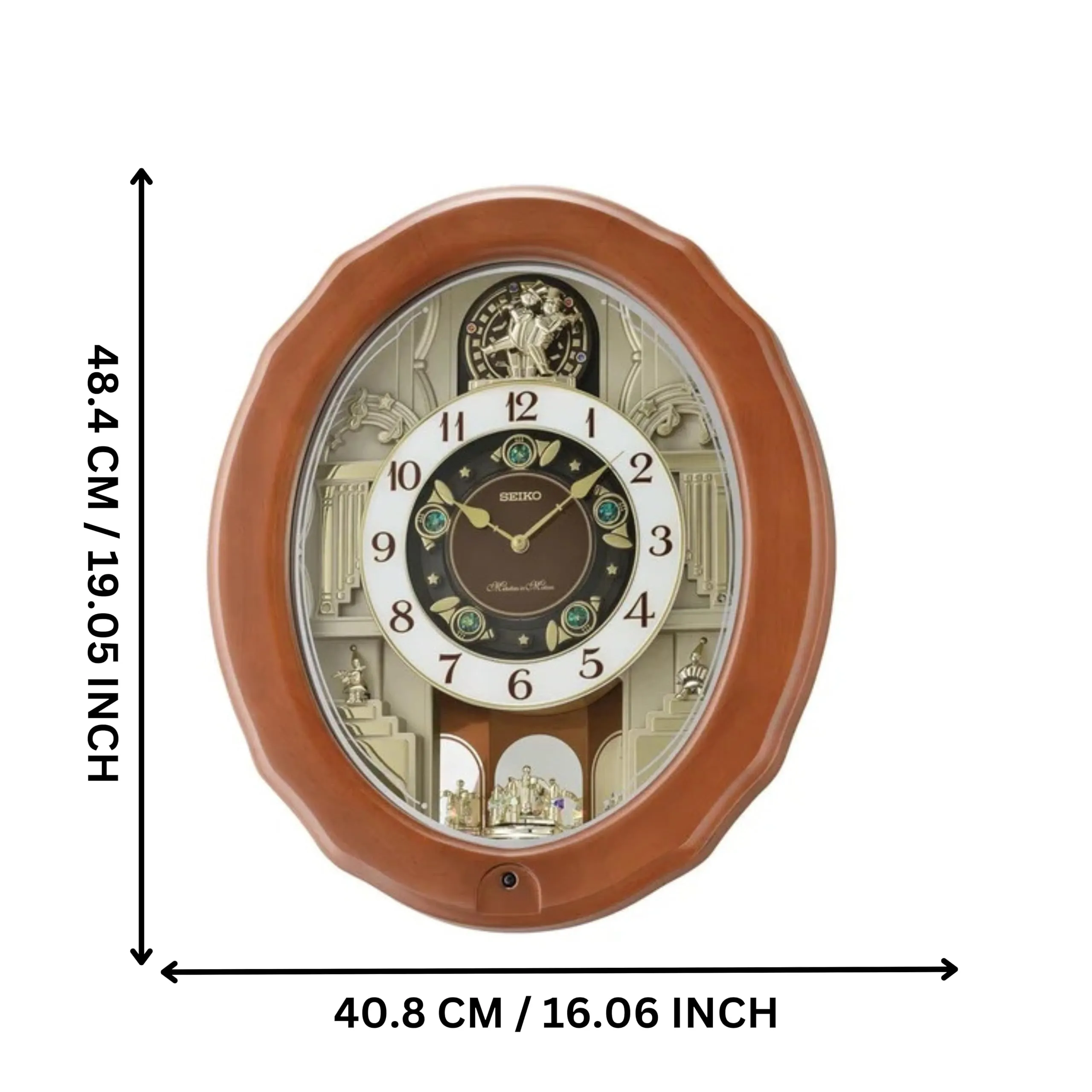 SEIKO Elegant Brown Oval Wooden Hourly Chime 30 Melody in Motion Home Decor Wall Clock with One Way Rotating Pendulum (Size: 40.8 x 11 x 48.4 CM | Weight: 2940 Gram) QXM604BT