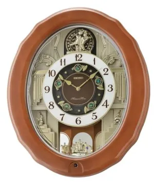 SEIKO Elegant Brown Oval Wooden Hourly Chime 30 Melody in Motion Home Decor Wall Clock with One Way Rotating Pendulum (Size: 40.8 x 11 x 48.4 CM | Weight: 2940 Gram) QXM604BT