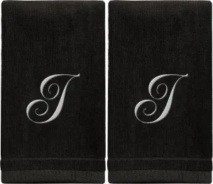 Set of 2 Black Monogrammed Towel - White Embroidered - Initial I (Wholesale)