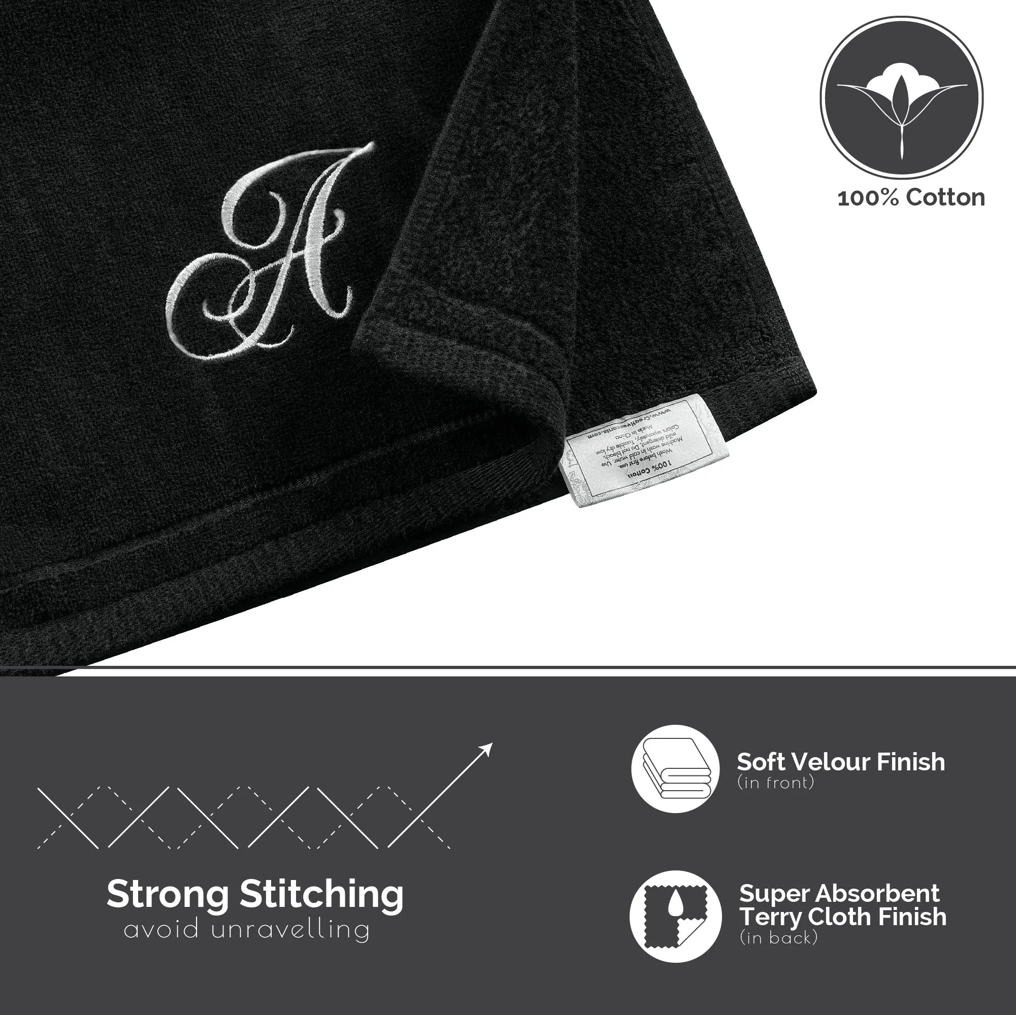 Set of 2 Black Monogrammed Towel - White Embroidered - Initial I (Wholesale)