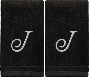 Set of 2 Black Monogrammed Towel - White Embroidered - Initial J (Wholesale)