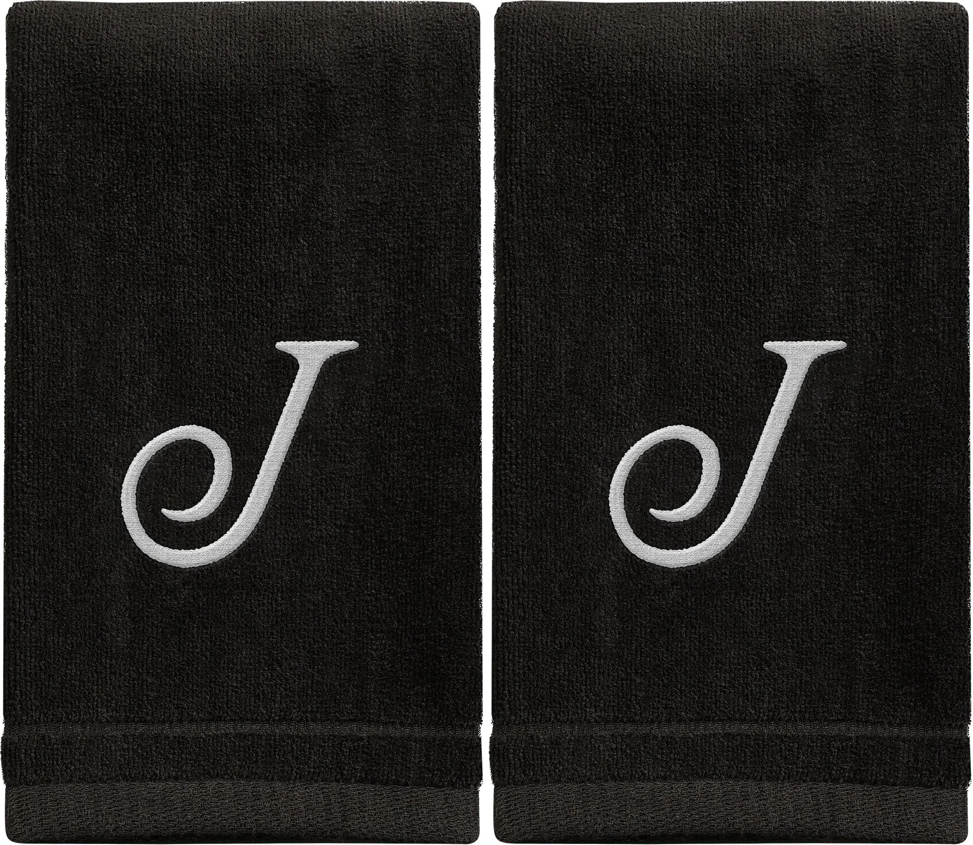 Set of 2 Black Monogrammed Towel - White Embroidered - Initial J (Wholesale)